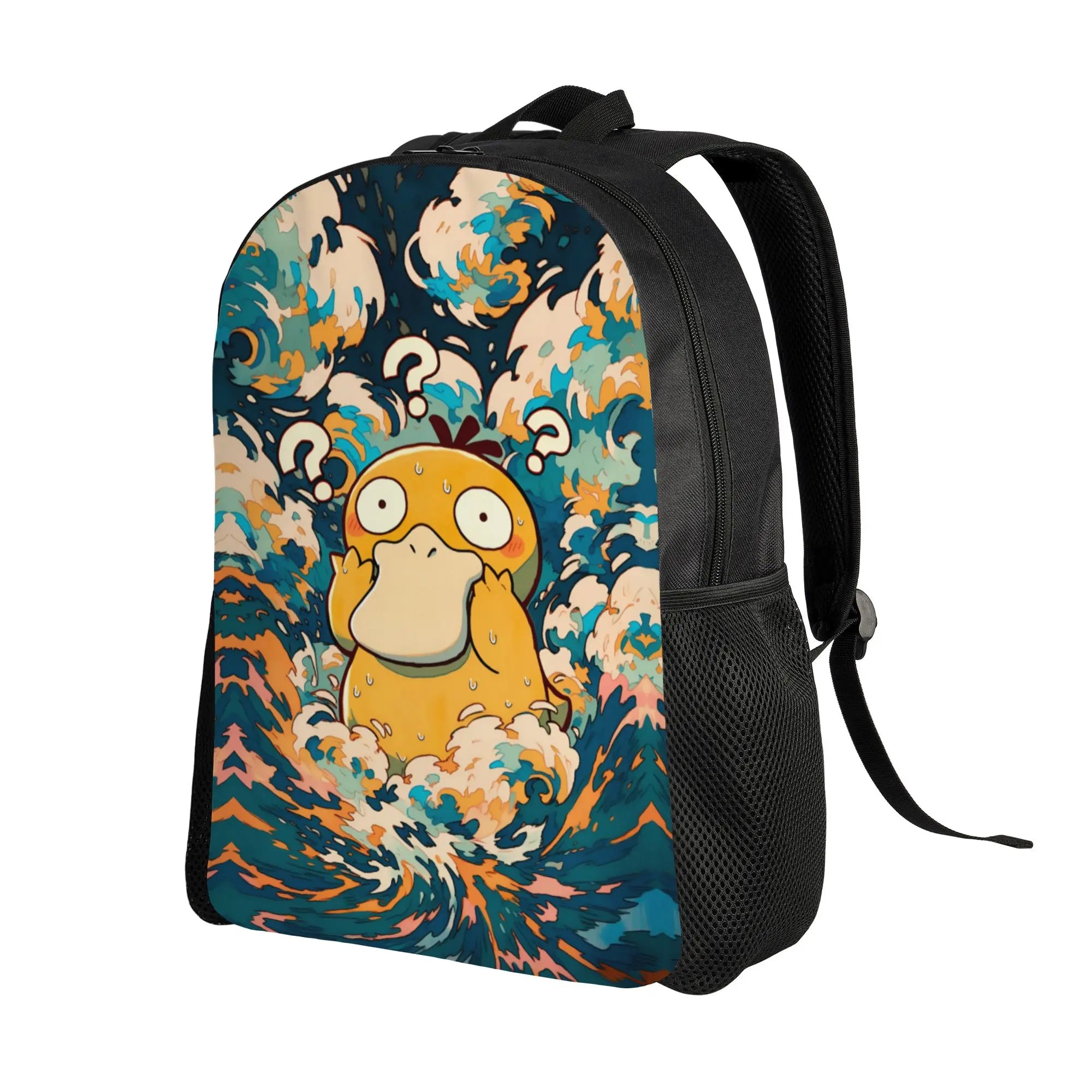 Pokemon Psyduck Laptop Backpack – School Bag A black backpack featuring a stylized graphic print of the yellow Pokémon Psyduck surrounded by swirling blue, teal, cream, and orange waves, shown on a plain white background.