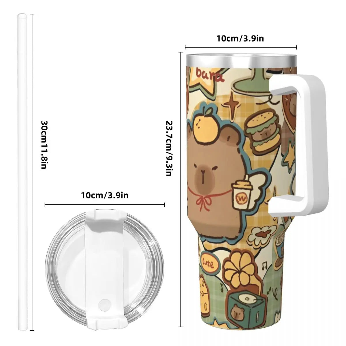 Capybara Insulated Tumbler – Stainless Steel Hot & Cold Drink Cup A stainless steel handled tumbler with a colorful cartoon print, shown alongside a straw, lid, and dimension labels on a white background.