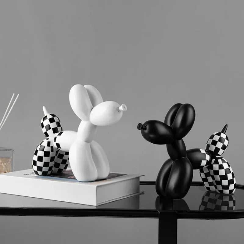 Balloon Dog Sculpture Decor – Cute Animal Home Accent for Living Room Black and white balloon dog sculptures on a table with a gray background