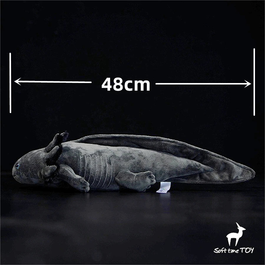 Cute Axolotl Stuffed Animal Plush Toy Plush toy axolotl with measurement label on a black background