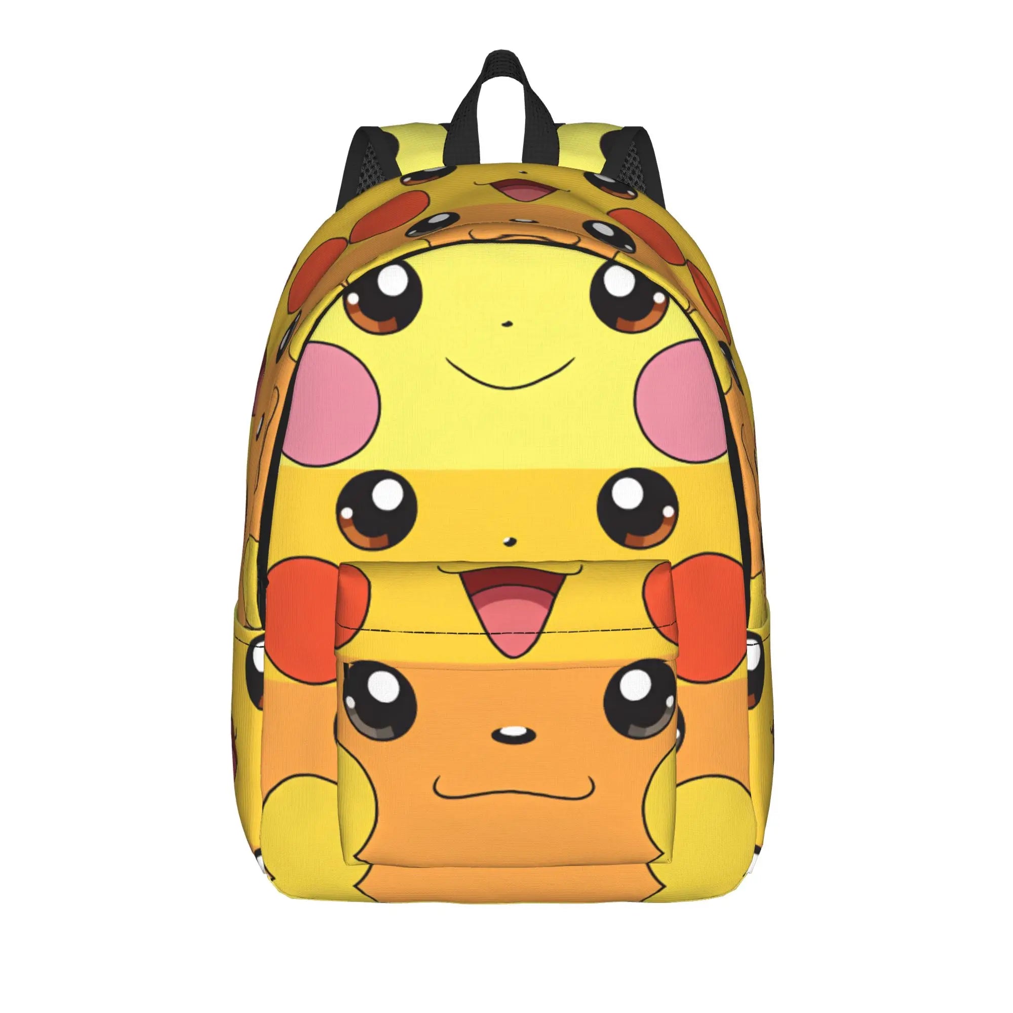 Pokemon Squirtle Backpack – Sport School Bag A yellow backpack featuring a stacked, layered design of three cute cartoon Pikachu faces in different expressions, set against a plain white background.