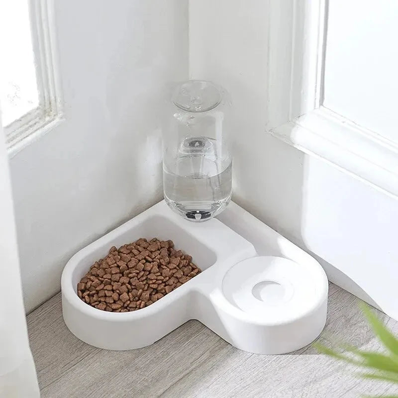 2 in1 Automatic Pet Water Dispenser & Food Bowl for Cats & Dogs Pet food bowl with water dispenser on a light wood floor.