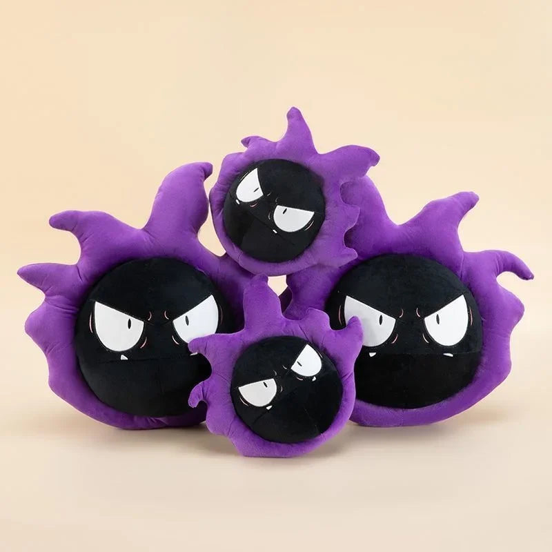 Pokemon Gastly Plush Pillow Stuffed Toy Four purple and black round plush pillows with angry white eyes, arranged together on a plain beige background.