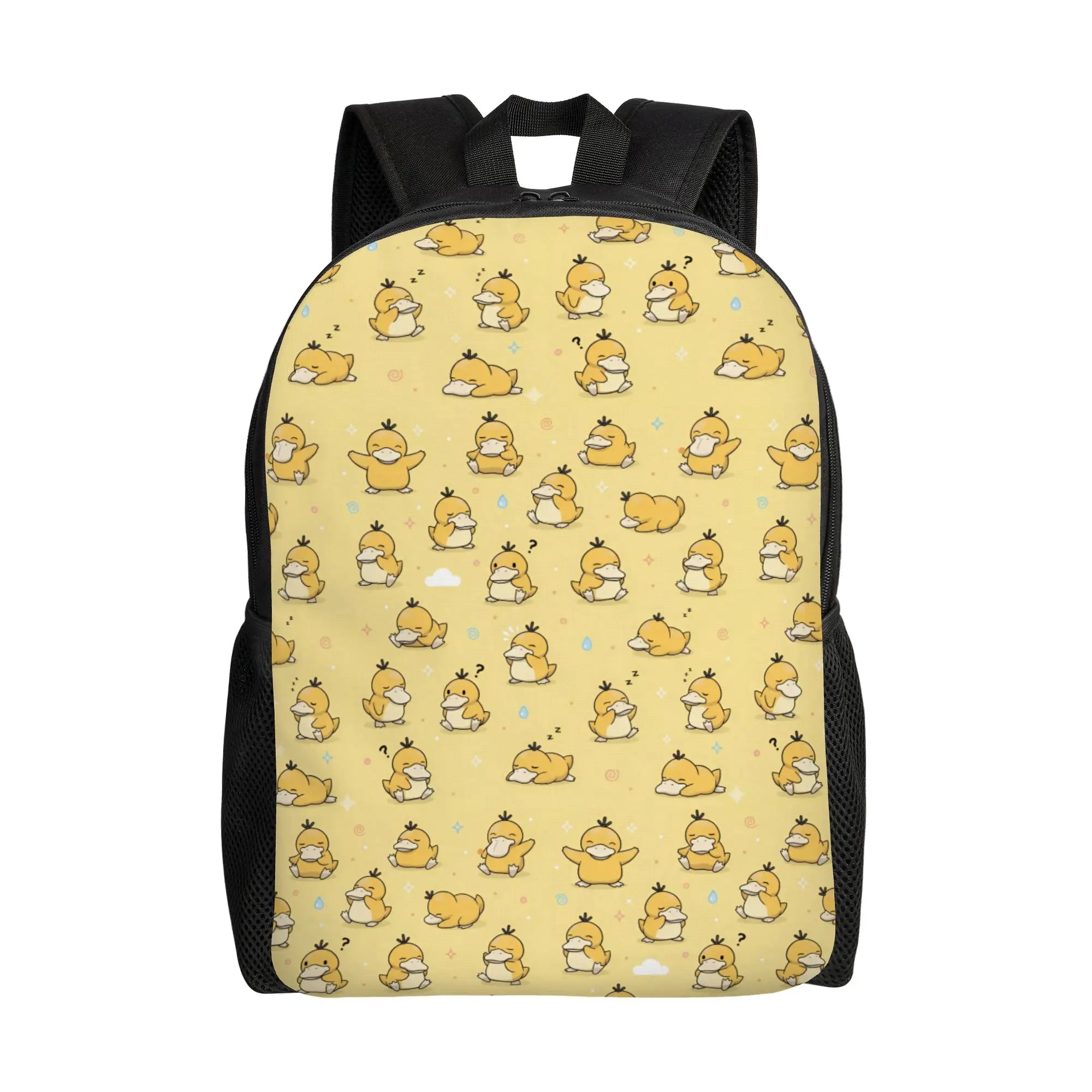 Pokemon Psyduck Laptop Backpack – School Bag A backpack featuring a repeating cartoon character print on a pale yellow background, with black straps, side pockets, and trim, shown against a plain white background.