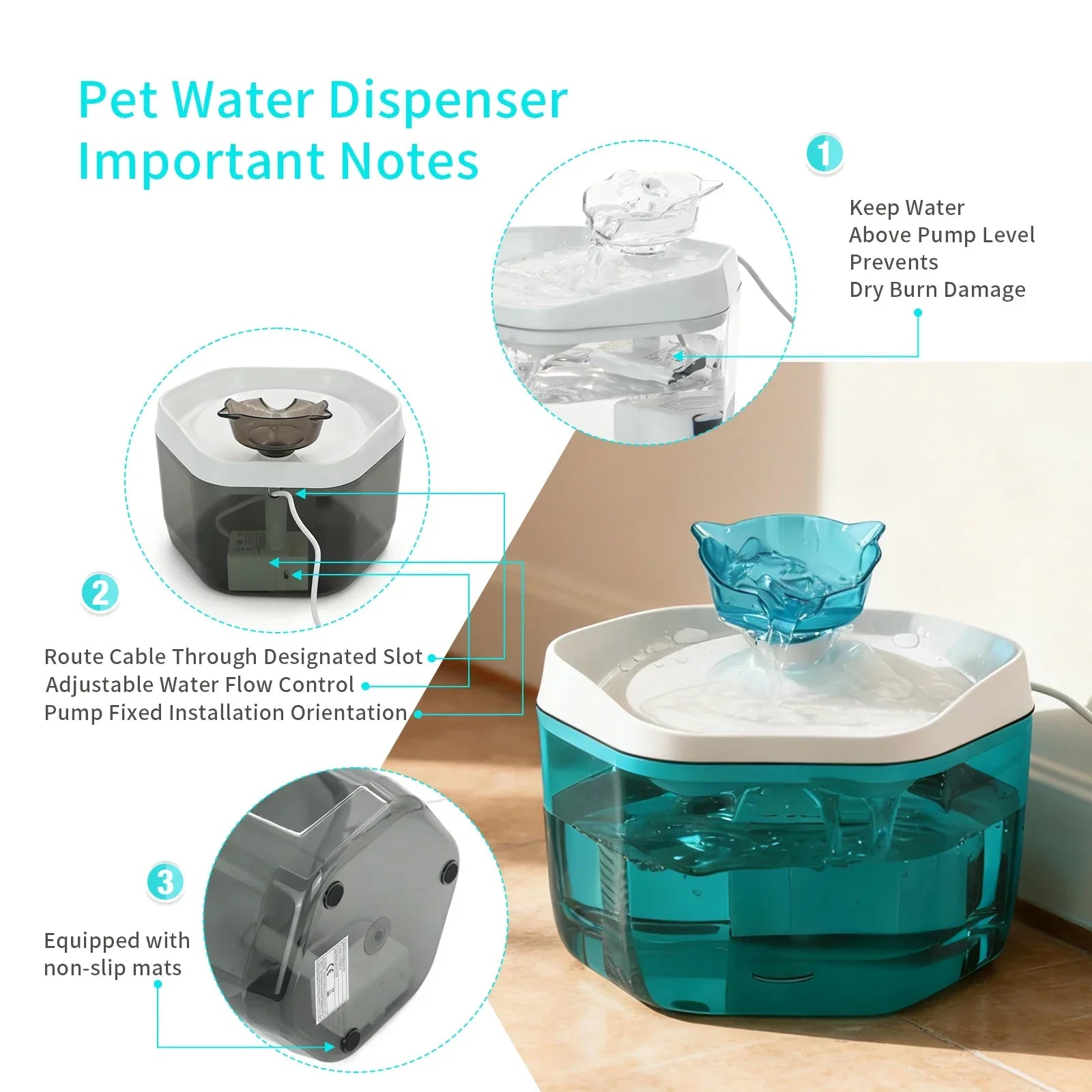 Cat Water Fountain 1.2L USB Pet Drinking Fountain Pet water dispenser with important notes on usage and features