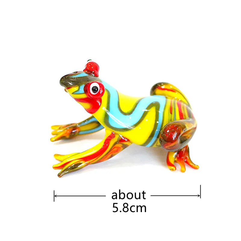 Murano Glass Frog Figurine – Glass Animal Mini Statue Home Accent Colorful glass frog figure with a measurement label on a white background