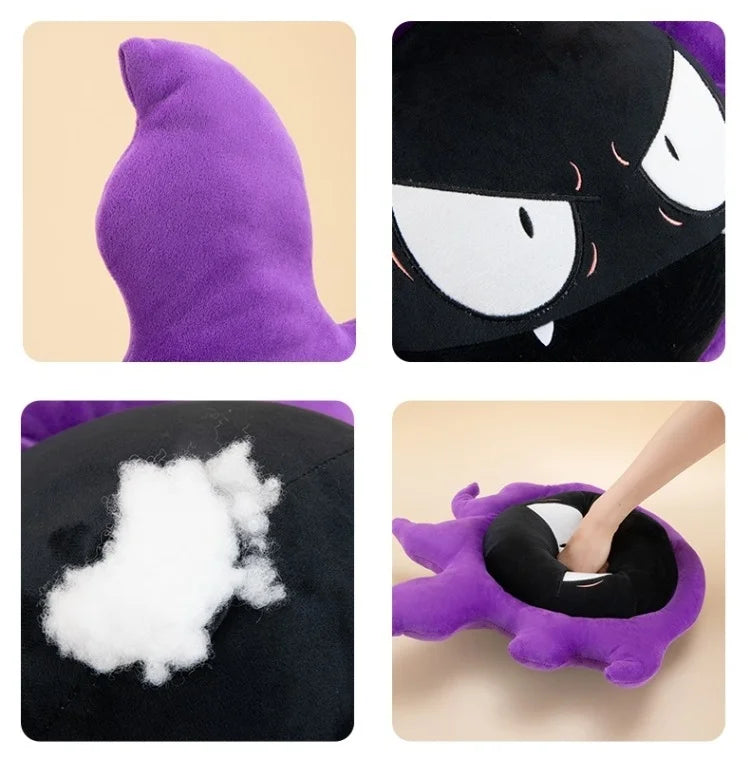 Pokemon Gastly Plush Pillow Stuffed Toy A four-panel collage showing a plush toy close-up: a purple tail, a black-and-purple face with white eyes, white stuffing exposed on the side, and a hand pressing into the soft black-and-purple face area.
