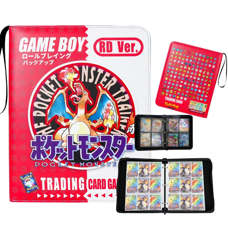 Pokemon Card Album – Gengar, Charizard & Eevee Trading Card Binder Pokémon Trading Card Game Game Boy wallet case in red and white with Charizard artwork, shown with a red card tracker sheet, a black 6-pack card tray, and an open black binder filled with trading cards on a white background.