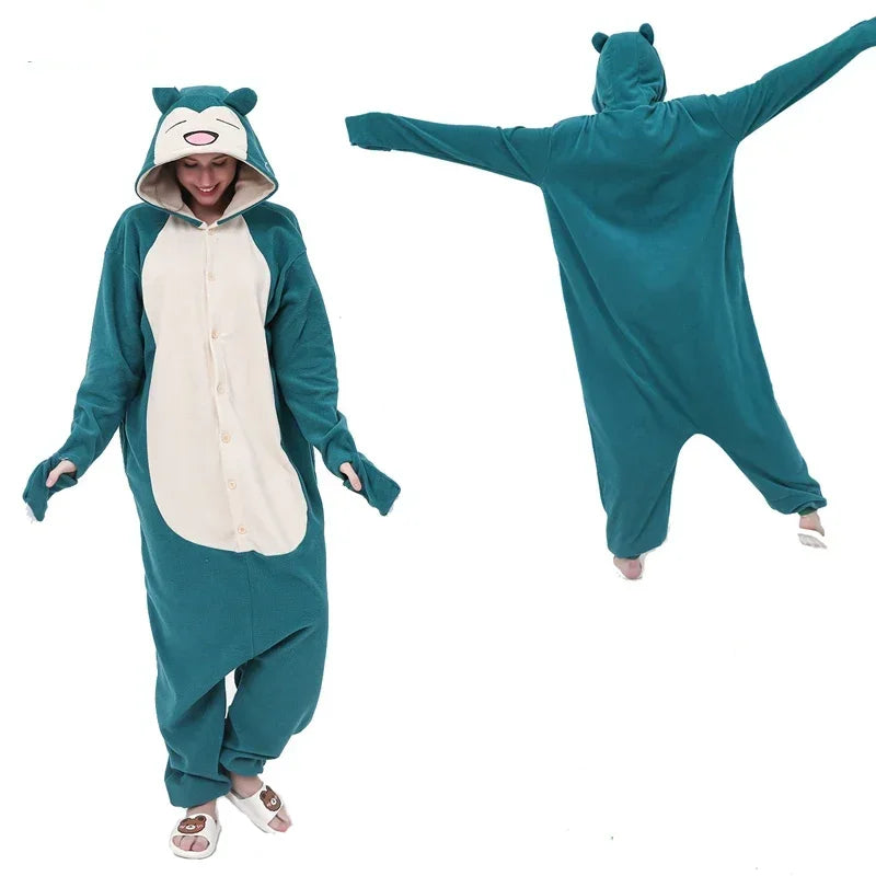 Pokemon Kigurumi Onesie – Snorlax, Gengar Anime Costumes Teal and white animal onesie worn by a person on a white background