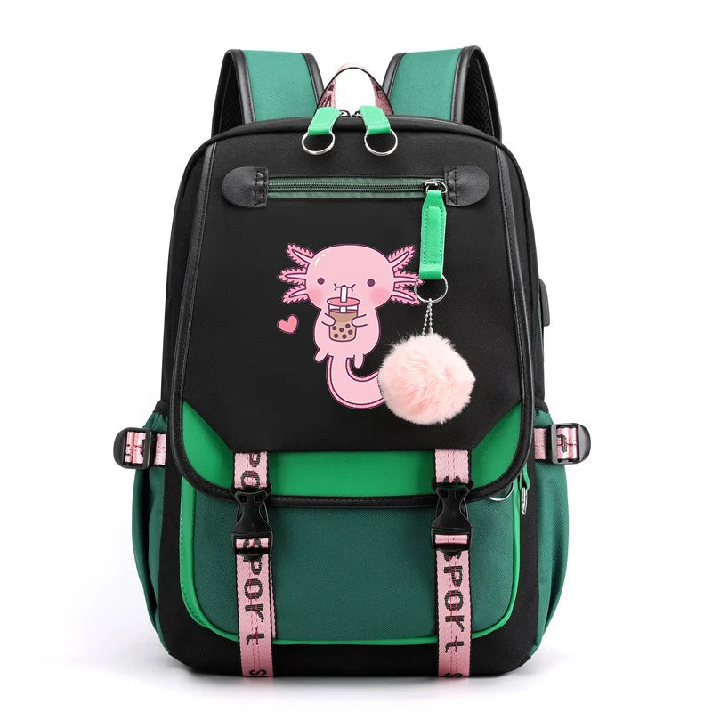 Axolotl Backpack – Anime Pattern USB School & Travel Bag Black and green backpack with pink and green accents on a white background