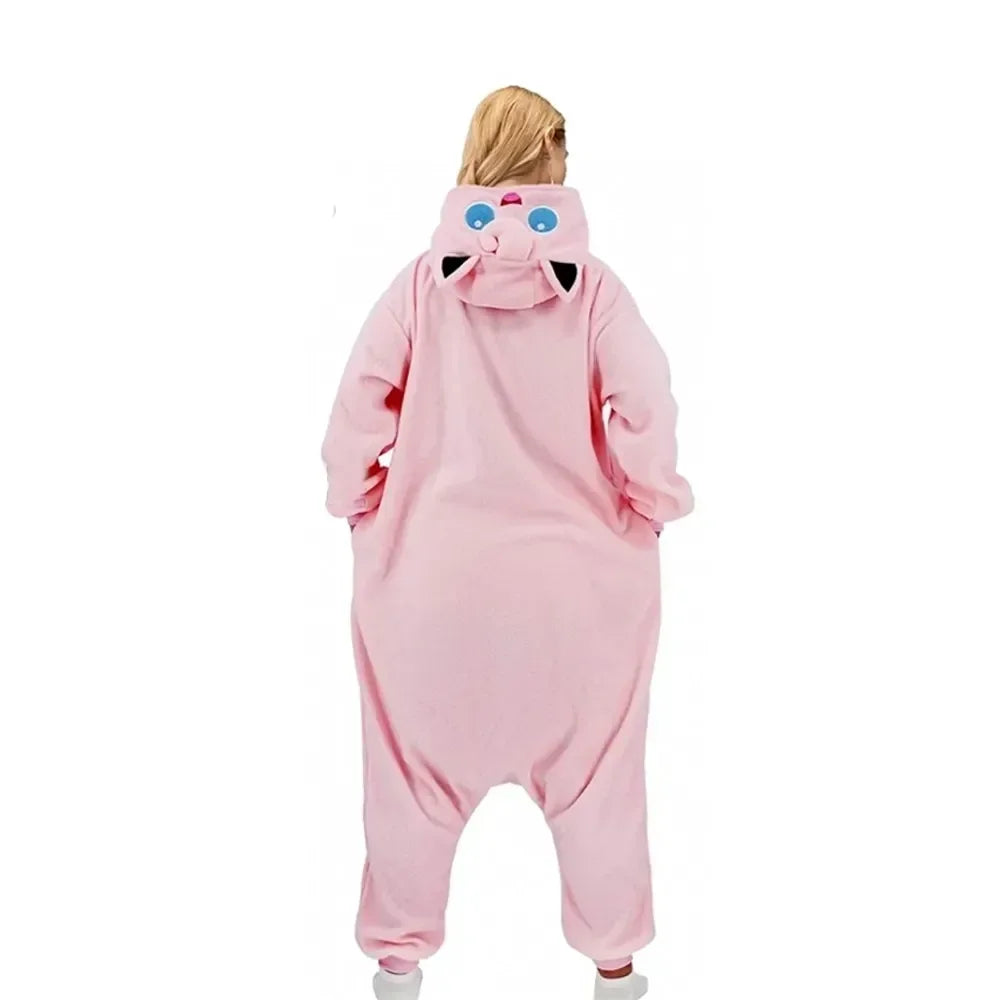 Pokemon Kigurumi Onesie – Snorlax, Gengar Anime Costumes Person wearing a pink onesie with cat ears and blue eyes on a white background