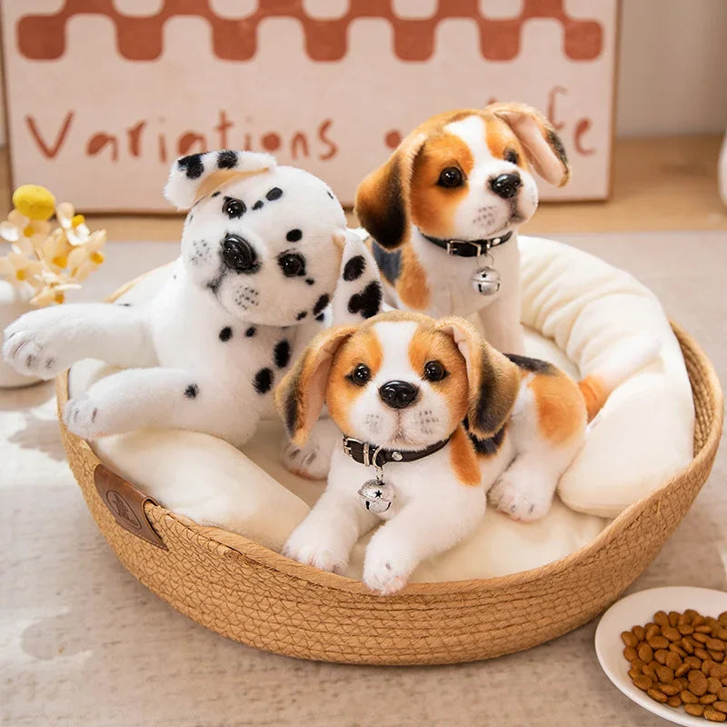 Realistic Dalmatian Beagle Plush Stuffed Toy Three plush toy dogs in a pet bed with a small bowl of kibble on a light surface.