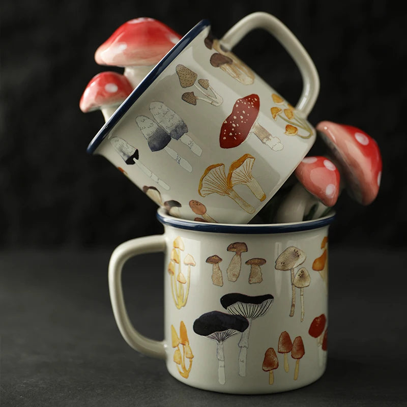 Mushroom Ceramic Coffee Cup – Japanese Cartoon Style Two ceramic mugs with mushroom design on a dark background