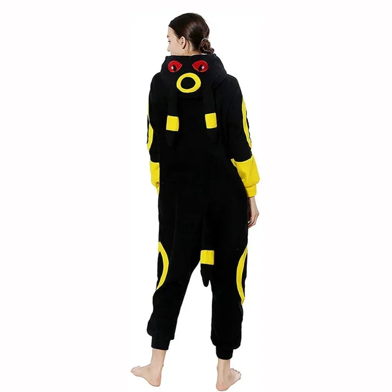 Pokemon Kigurumi Onesie – Snorlax, Gengar Anime Costumes Person wearing a black and yellow robot-themed onesie on a white background