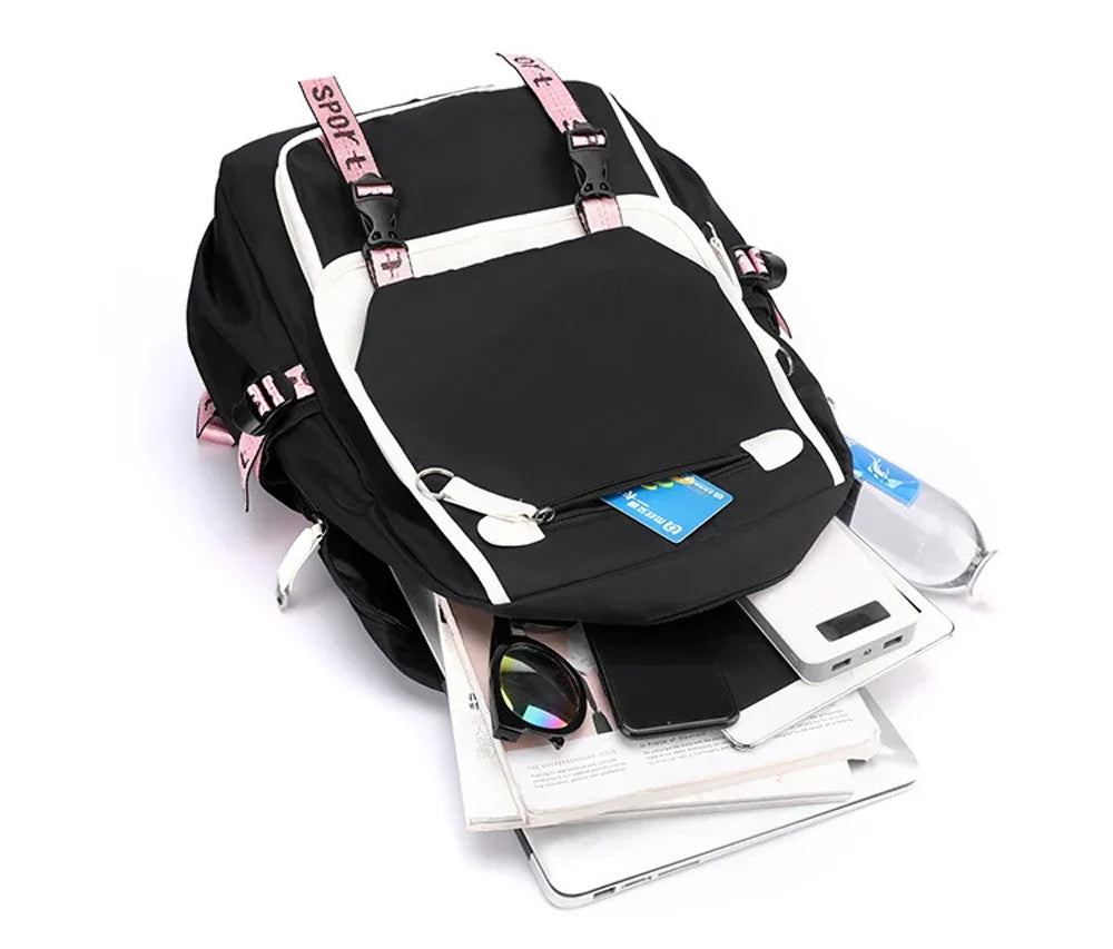 Axolotl Backpack – Anime Pattern USB School & Travel Bag Black backpack with pink straps on a white background