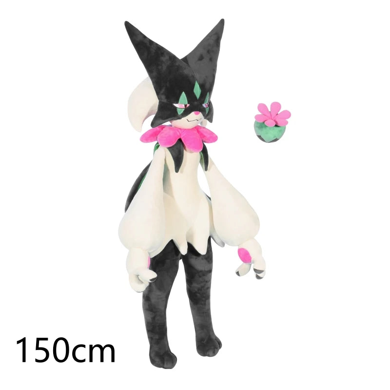 Pokemon Meowscarada Plush Pillow Stuffed Toy Large plush toy of a character with black and white fur, pink flowers, and a tall hat on a white background.