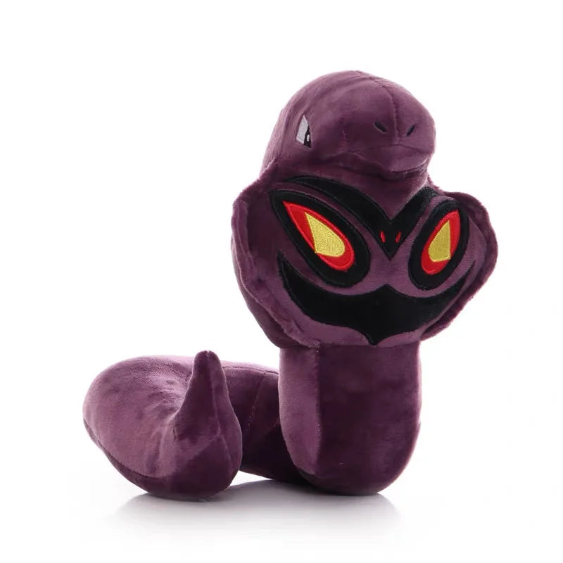 Pokemon Arbok Plush Toy – Ekans Evolution Stuffed Animal A purple plush toy shaped like a snake or worm with large black facial features and glowing red and yellow eyes, photographed on a clean white background.