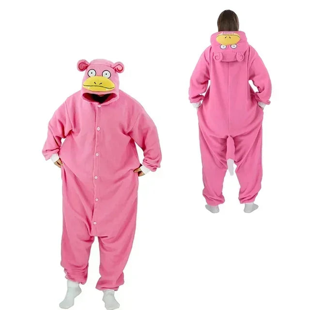 Pokemon Kigurumi Onesie – Snorlax, Gengar Anime Costumes Pink onesie with a cartoonish face design on a white background