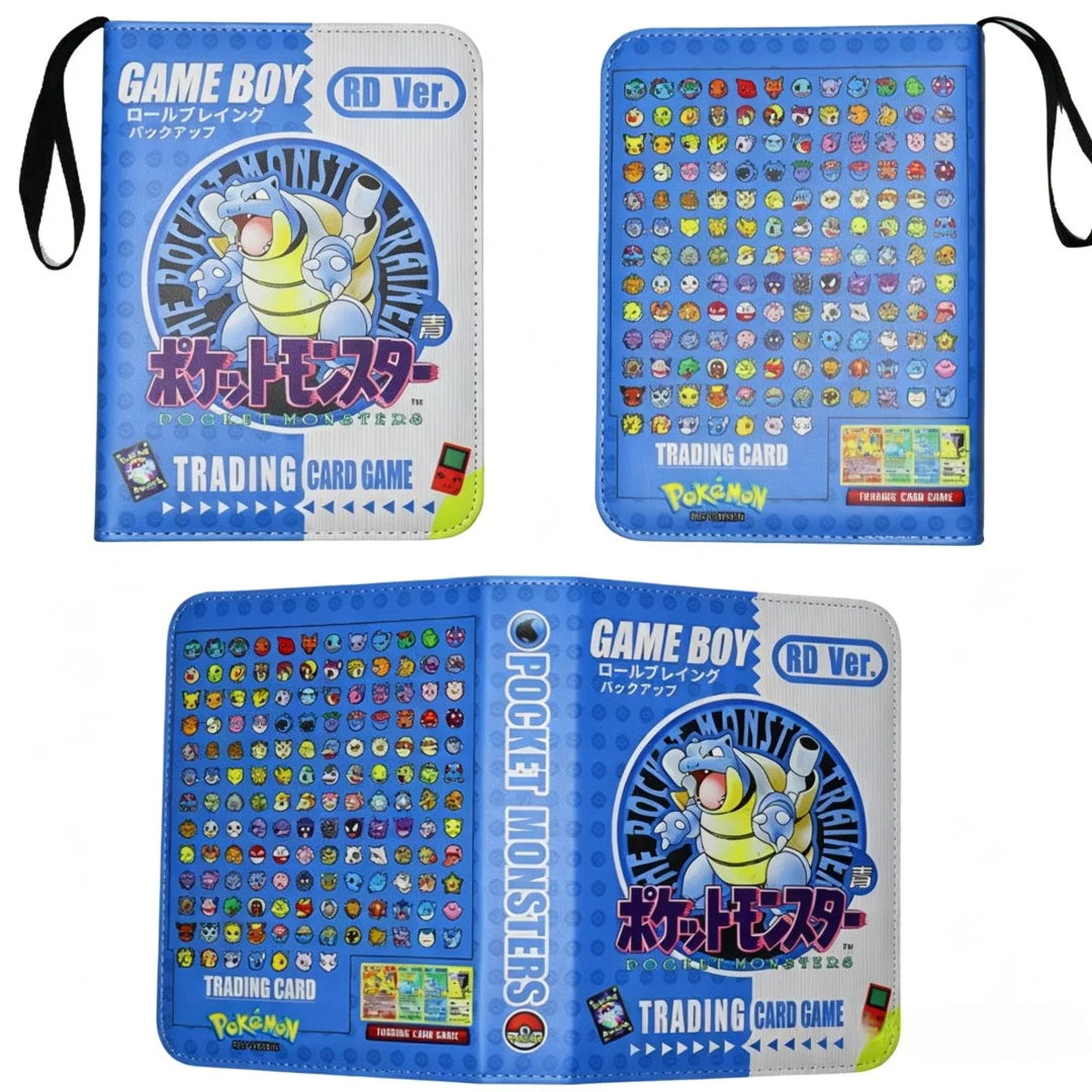 Pokemon Card Album – Gengar, Charizard & Eevee Trading Card Binder Pokémon Trading Card Game 2D Ver. Game Boy card holder shown from multiple angles on a white background, featuring blue and white design with Pokémon branding and a grid of colorful character icons.