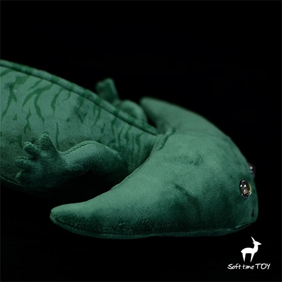 Realistic Axolotl Hammerhead Salamander Stuffed Toy - Diplocaulus Plushie Green plush toy resembling a lizard on a black background with 'Soft Time Toy' branding.