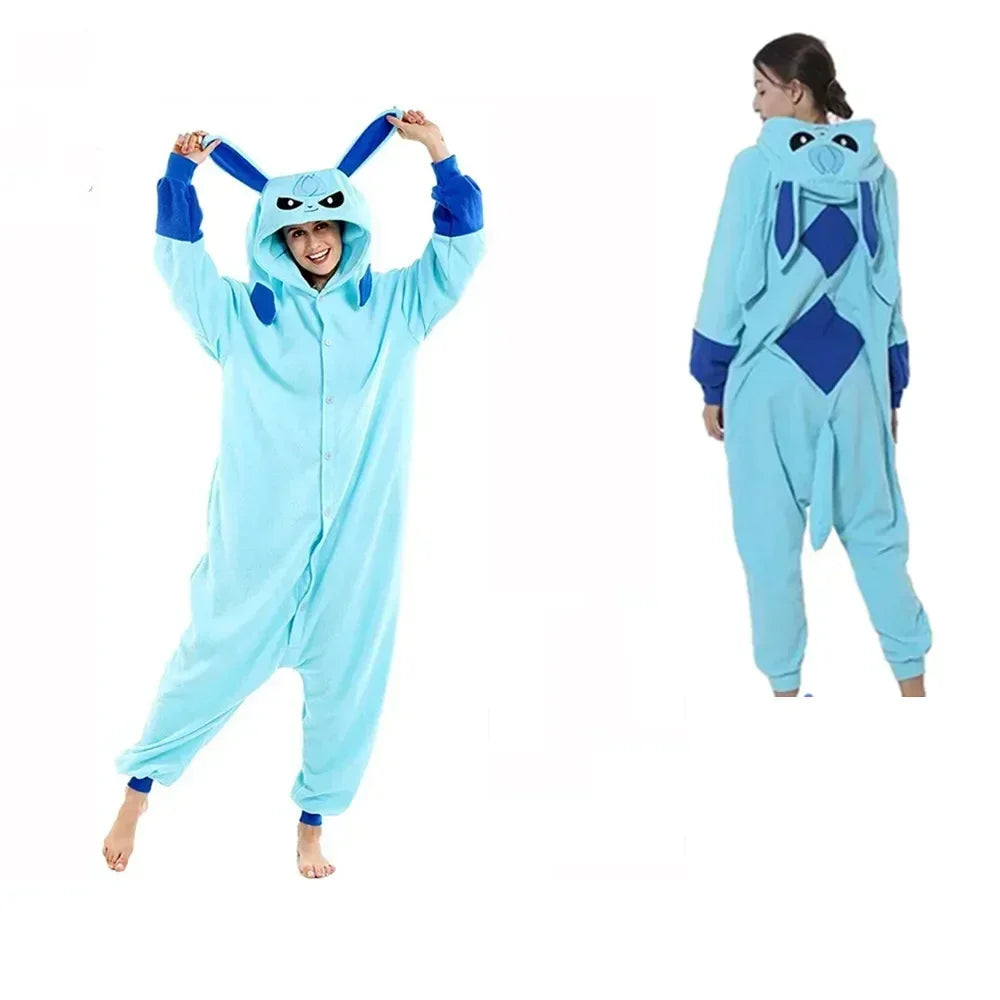 Pokemon Kigurumi Onesie – Snorlax, Gengar Anime Costumes Person wearing a blue onesie with animal ears and tail on a white background