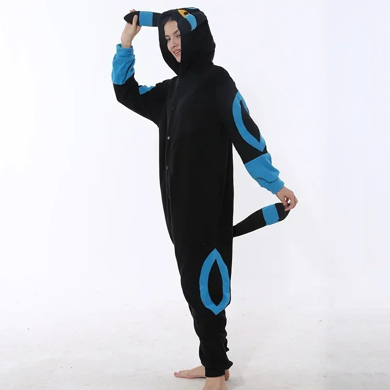 Pokemon Kigurumi Onesie – Snorlax, Gengar Anime Costumes Person wearing a black and blue onesie with a hood and tail on a white background
