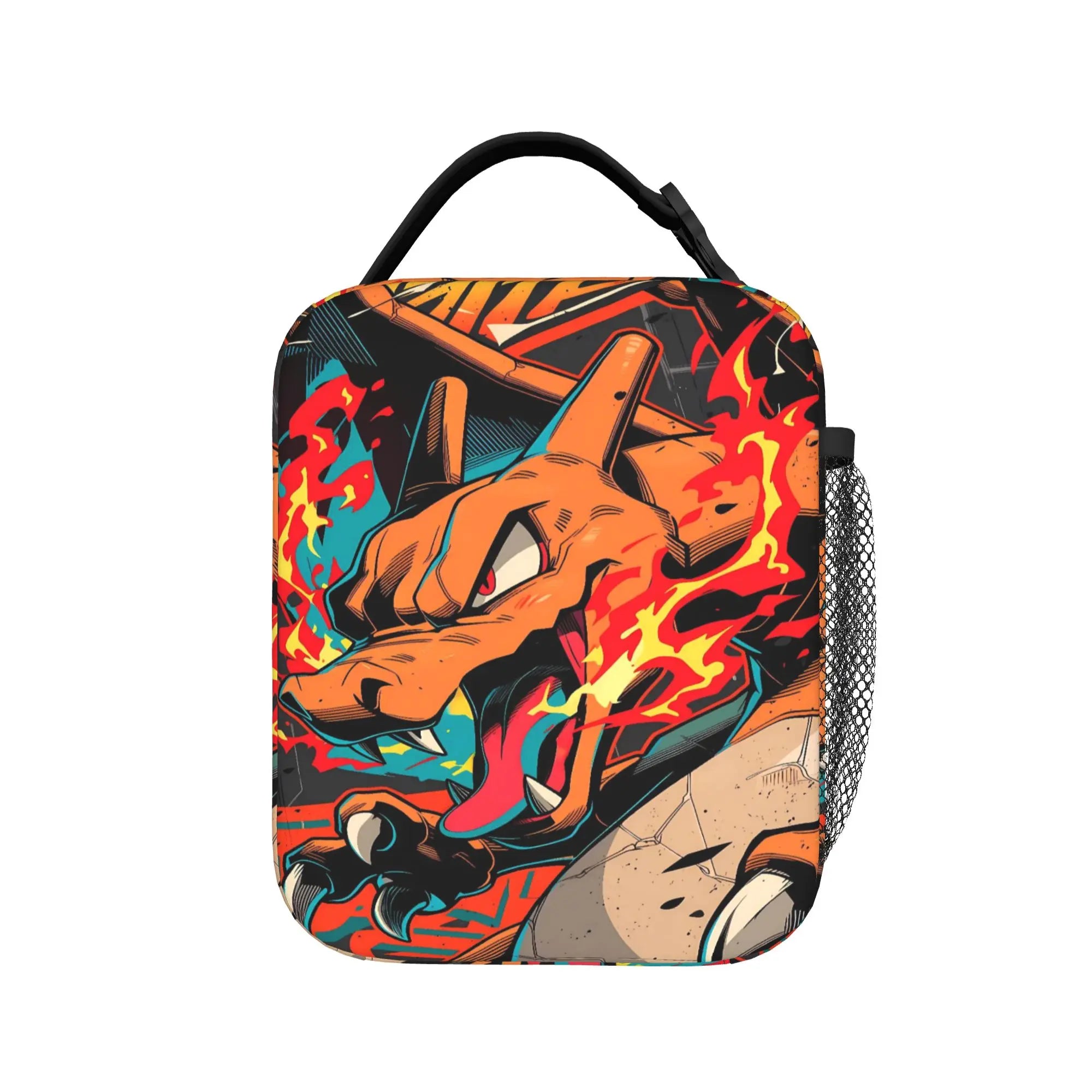 Pokemon Charizard Fire Burst Lunch Bag – Waterproof Insulated Tote A square insulated lunch bag with a black top handle and a side mesh pocket, featuring a colorful comic-style graphic of a fiery orange creature surrounded by flames on a white background.