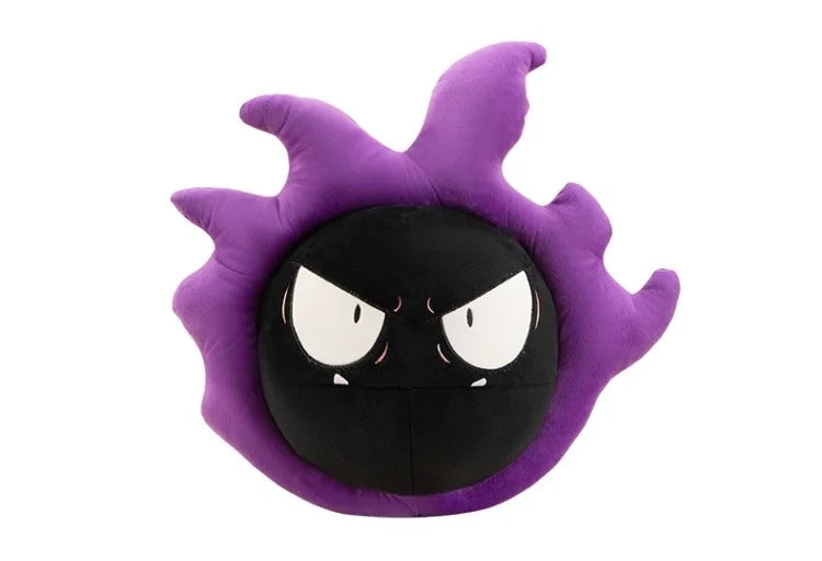 Pokemon Gastly Plush Pillow Stuffed Toy A plush pillow shaped like the Pokémon character Gengar, featuring a black round face with white eyes and a purple spiky body, isolated on a white background.
