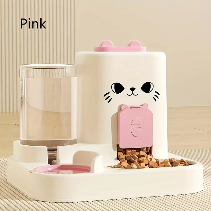 Automatic Pet Feeder with Water Dispenser Large Capacity Pet feeding station with pink and white design on a beige background