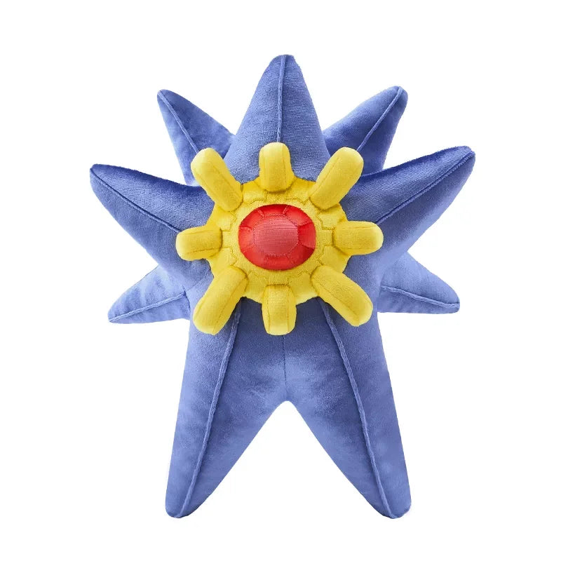 Pokemon Mega Plush Toy – Mega Lucario, Mega Greninja & Mega Starmie A plush star-shaped pillow resembling the Pokémon Starvestar, featuring blue star-shaped petals, a yellow sunburst center, and a red faceted gem on a plain white background.