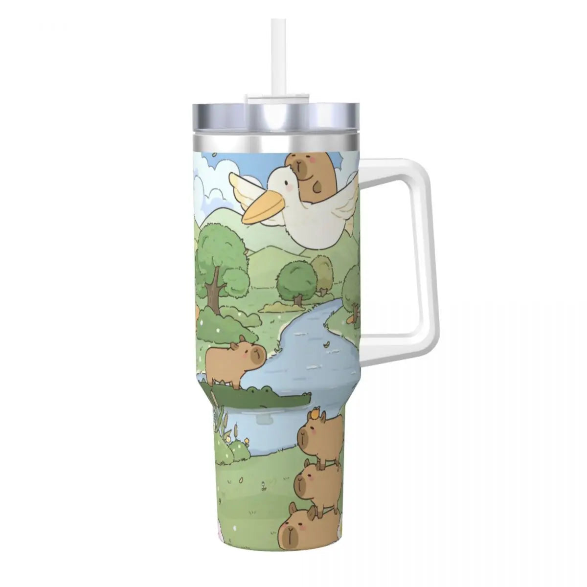 Capybara Insulated Tumbler – Stainless Steel Hot & Cold Drink Cup A stainless steel travel tumbler with a white handle and lid, featuring a cute cartoon illustration of a white goose, green trees, a winding river, and capybara animals, shown on a plain white background.