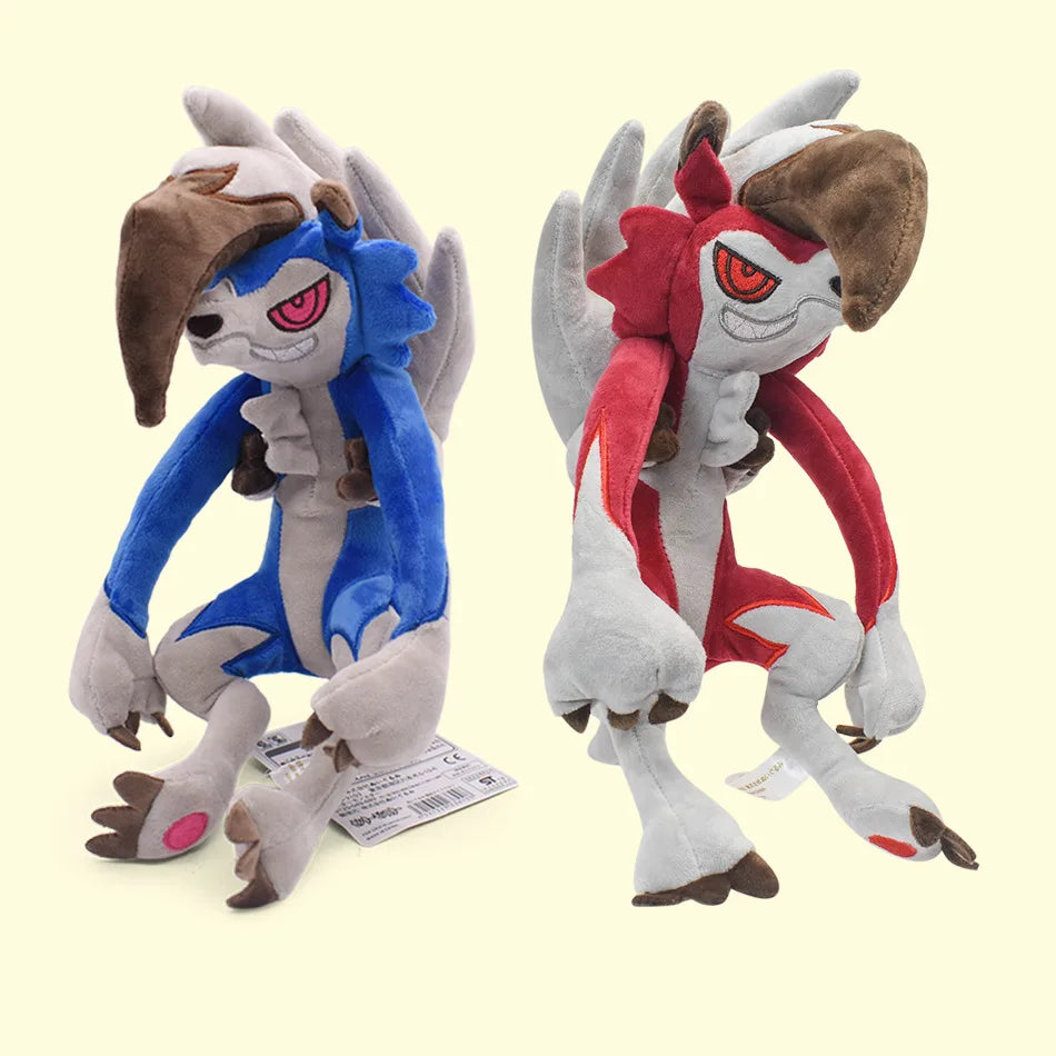 Pokemon Lycanroc Plush Toy – Shiny Midnight & Midday Soft Stuffed Animal Two plush toy characters shown side by side on a pale cream background. The left plush is blue, white, and brown with pink eyes, and the right plush is red, white, and brown with red eyes.