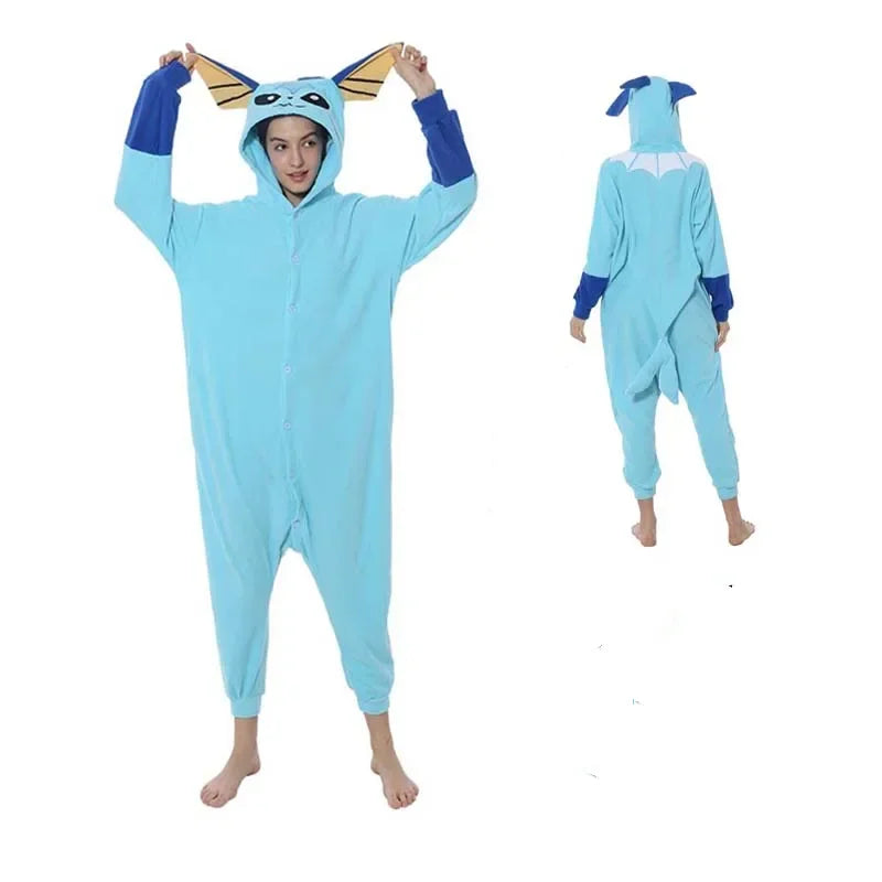 Pokemon Kigurumi Onesie – Snorlax, Gengar Anime Costumes Person wearing a blue animal onesie with ears on a white background
