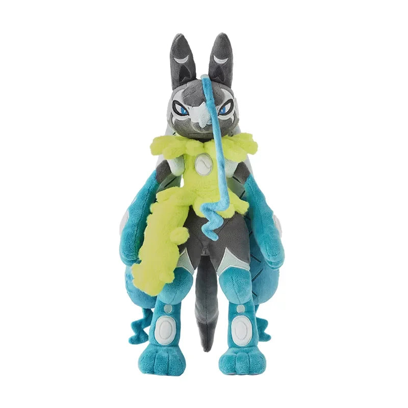 Pokemon Mega Plush Toy – Mega Lucario, Mega Greninja & Mega Starmie A plush toy figurine of Lucario, a Pokémon character, standing upright against a solid white background. The plush features gray and black fur on its head and body, bright blue accents on its arms, legs, and collar, and a lime green scarf.