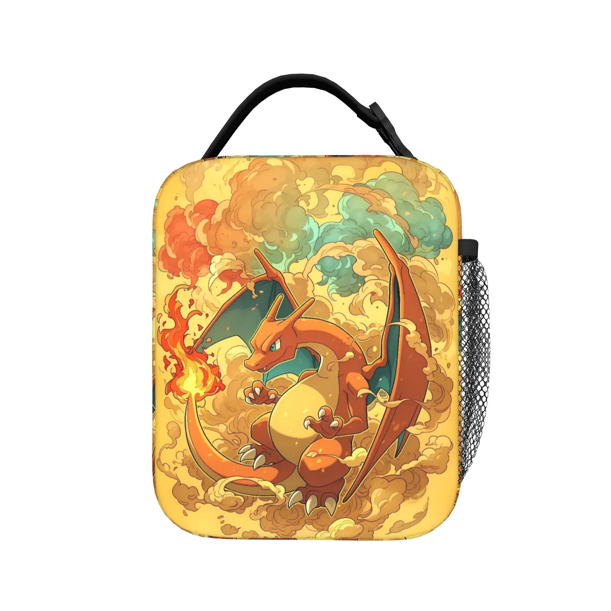 Pokemon Charizard Fire Burst Lunch Bag – Waterproof Insulated Tote A square insulated lunch bag or cooler sleeve featuring a colorful illustration of Charizard on a yellow-orange smoky background, with a black top handle and a side mesh pocket.