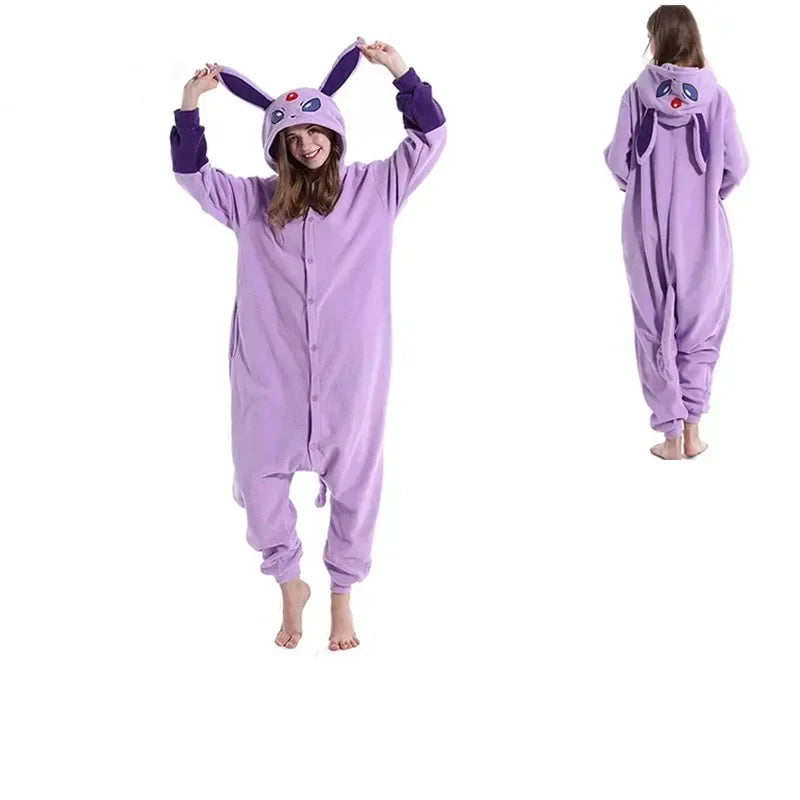 Pokemon Kigurumi Onesie – Snorlax, Gengar Anime Costumes Person wearing a purple animal onesie with bunny ears on a white background