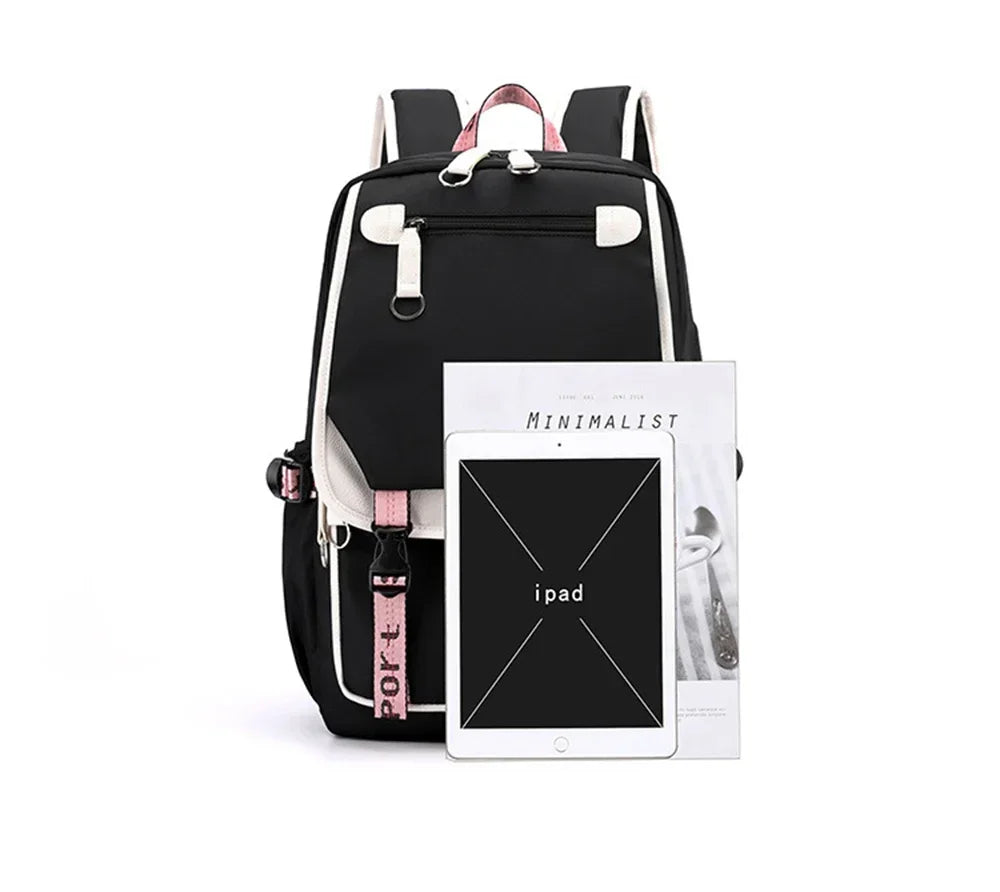Axolotl Backpack – Anime Pattern USB School & Travel Bag Black and white backpack with pink accents on a white background
