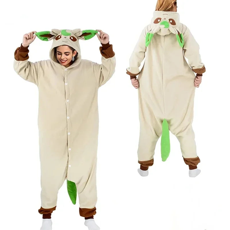 Pokemon Kigurumi Onesie – Snorlax, Gengar Anime Costumes Person wearing a sloth-themed onesie with green feet and brown accents on a white background