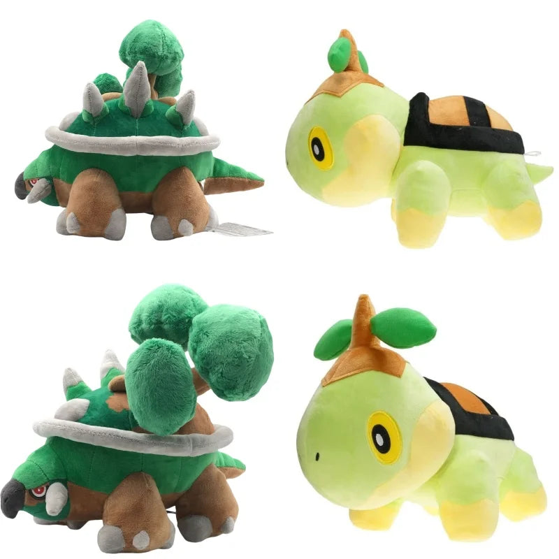 Pokemon Torterra Plush Toy – Turtwig Evolution Stuffed Doll Four green and brown turtle-like plush toys on a white background