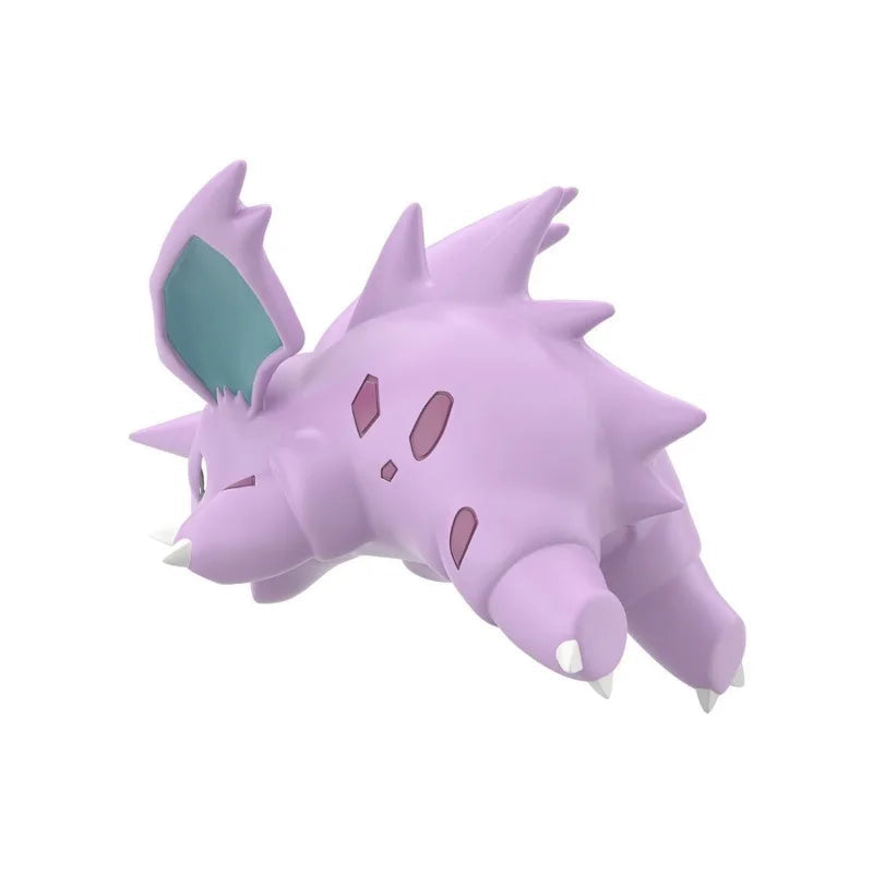 Pokemon Nidoking, Nidorino & Nidoran Shokugan Figure Set A 3D-rendered purple dinosaur-like toy character with pinkish spots, white claws, and a teal inner ear, shown on a plain white background. A small Hanima logo appears in the lower right corner.