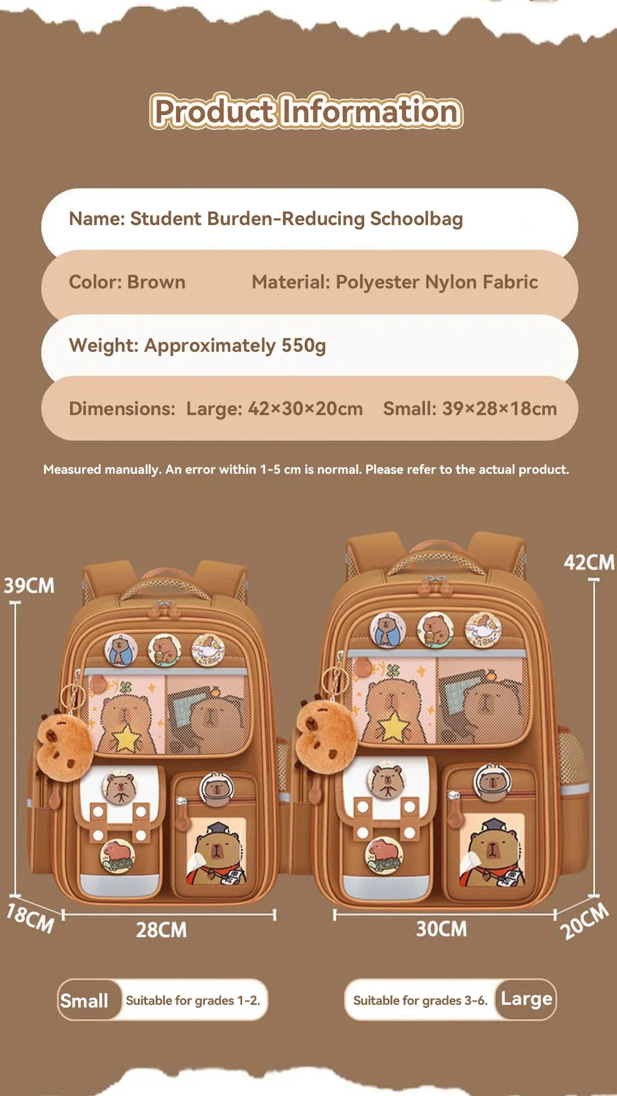 Capybara School Backpack – Large Waterproof Bag with Ergonomic Design Brown student backpack with measurements and product information on a brown background