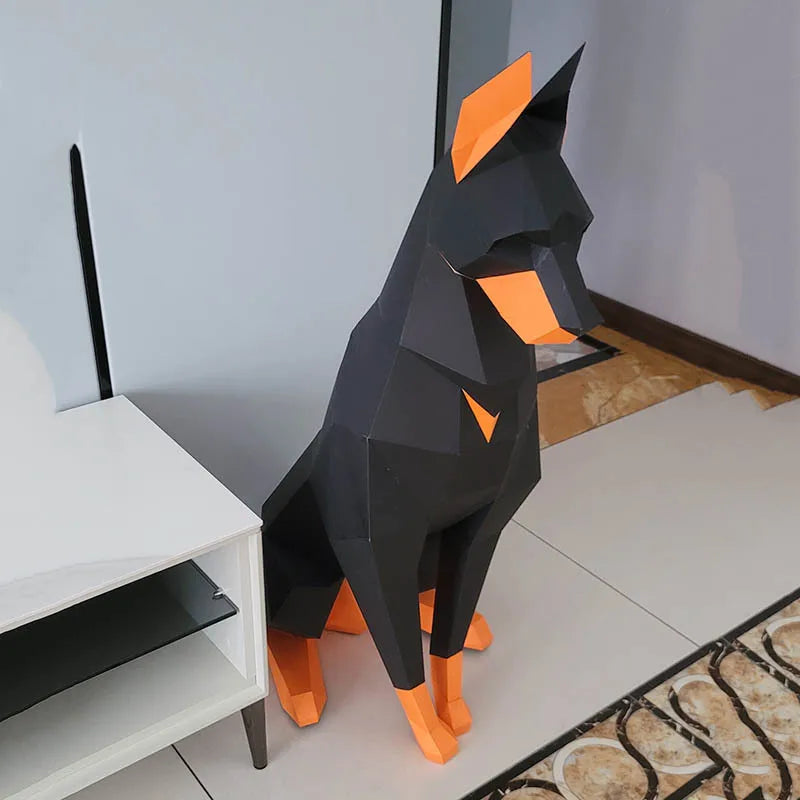 Doberman 3D Paper Model – DIY Animal Papercraft Room Decor Black and orange geometric dog sculpture in a room setting