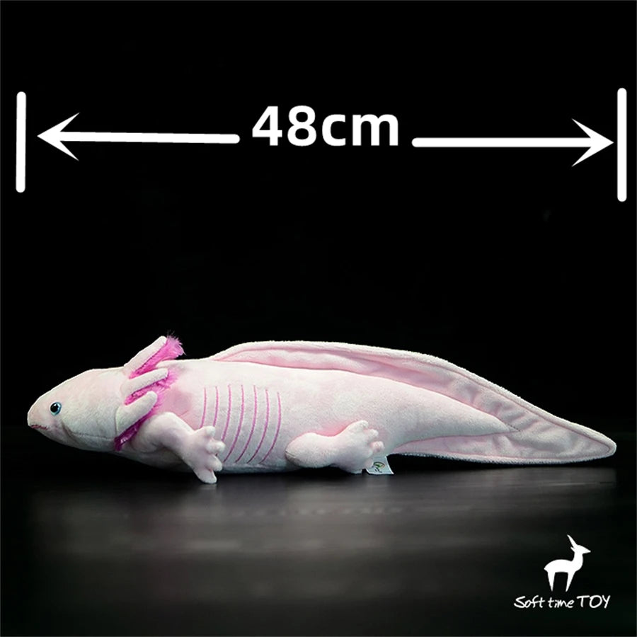 Cute Axolotl Stuffed Animal Plush Toy Plush axolotl toy with measurement label on a black background