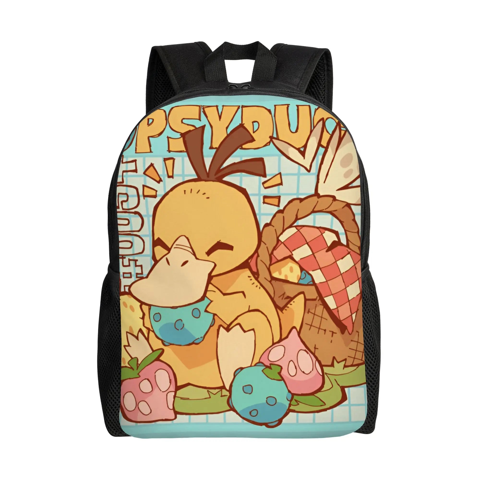 Pokemon Psyduck Laptop Backpack – School Bag A black backpack featuring a colorful cartoon illustration of a yellow duck character with a basket and strawberries, with the word 'PSYDUK' printed across the top, shown on a plain white background.