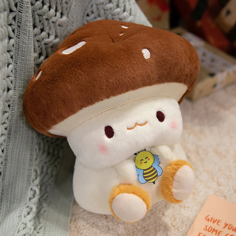 Creative Mushroom Plush Pillow – Cute Stuffed Plant Cushion for Home Décor Cute plush toy resembling a mushroom with a bee on a textured surface