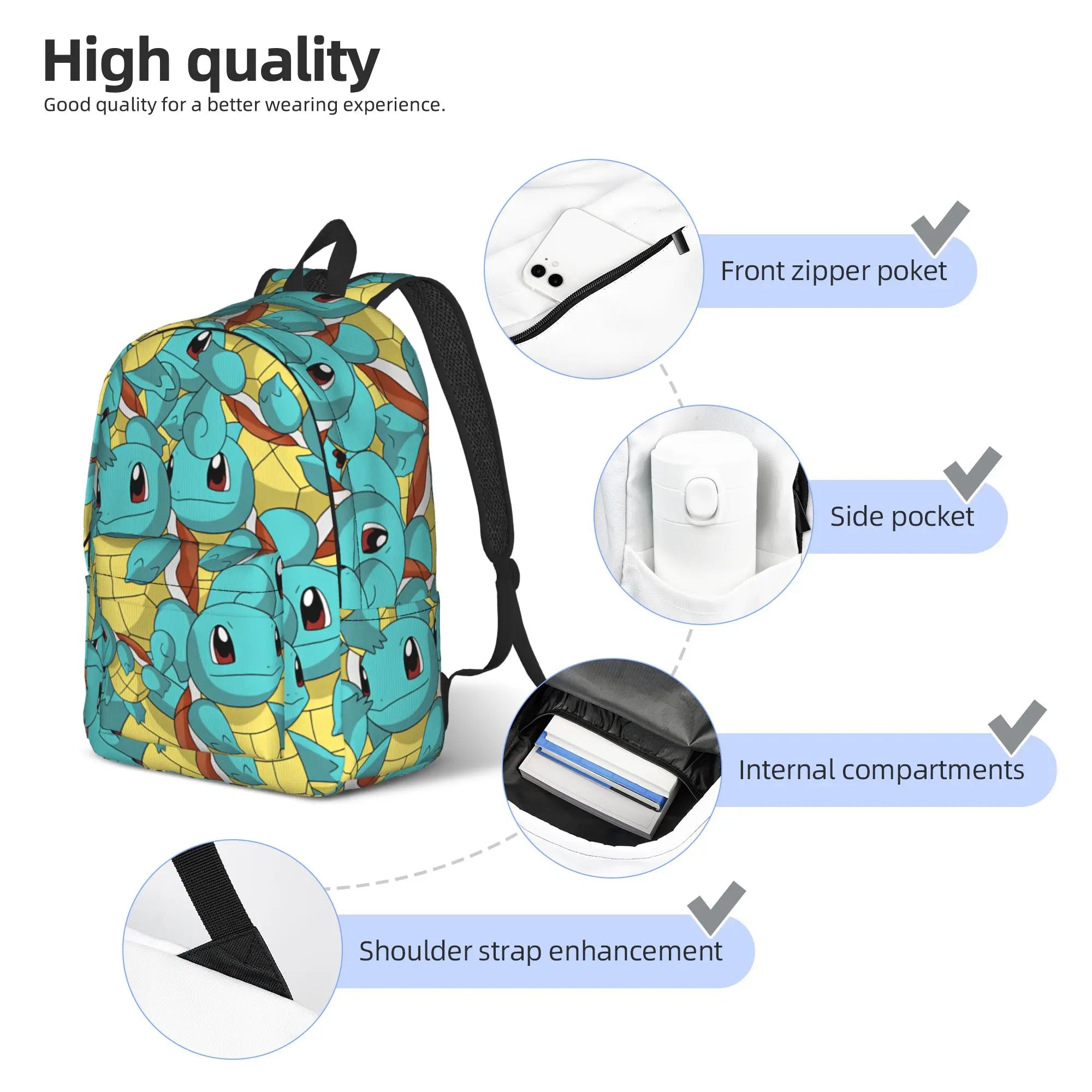 Pokemon Squirtle Backpack – Sport School Bag A backpack featuring a repeating cartoon turtle pattern in teal, yellow, and blue, shown on a white background with callout circles highlighting features: front zipper pocket, side pocket, internal compartments, and shoulder strap enhancement.