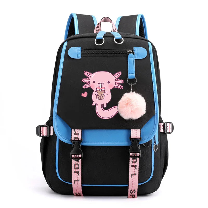 Axolotl Backpack – Anime Pattern USB School & Travel Bag Black and blue backpack with pink mermaid design and pom-pom on a white background