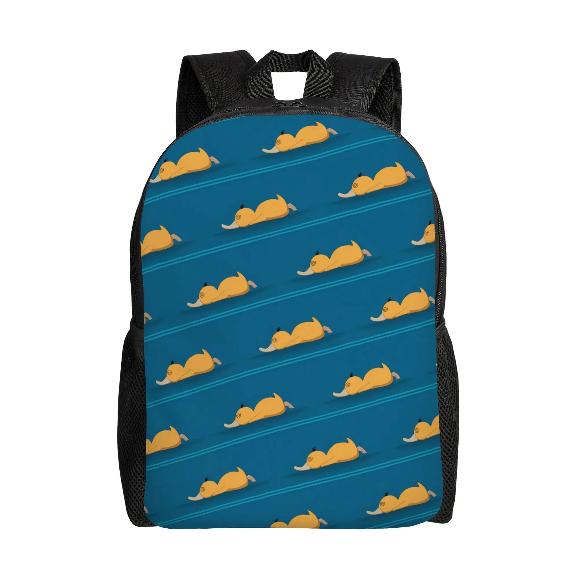 Pokemon Psyduck Laptop Backpack – School Bag A backpack with a dark blue background featuring a repeating pattern of cartoon sleeping yellow-orange cats on diagonal stripes, with black mesh side pockets and black straps.