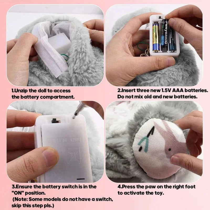 Breathing Otter & Capybara Plush with Light & Sound Step-by-step guide on how to activate a toy with batteries, shown in four quadrants.