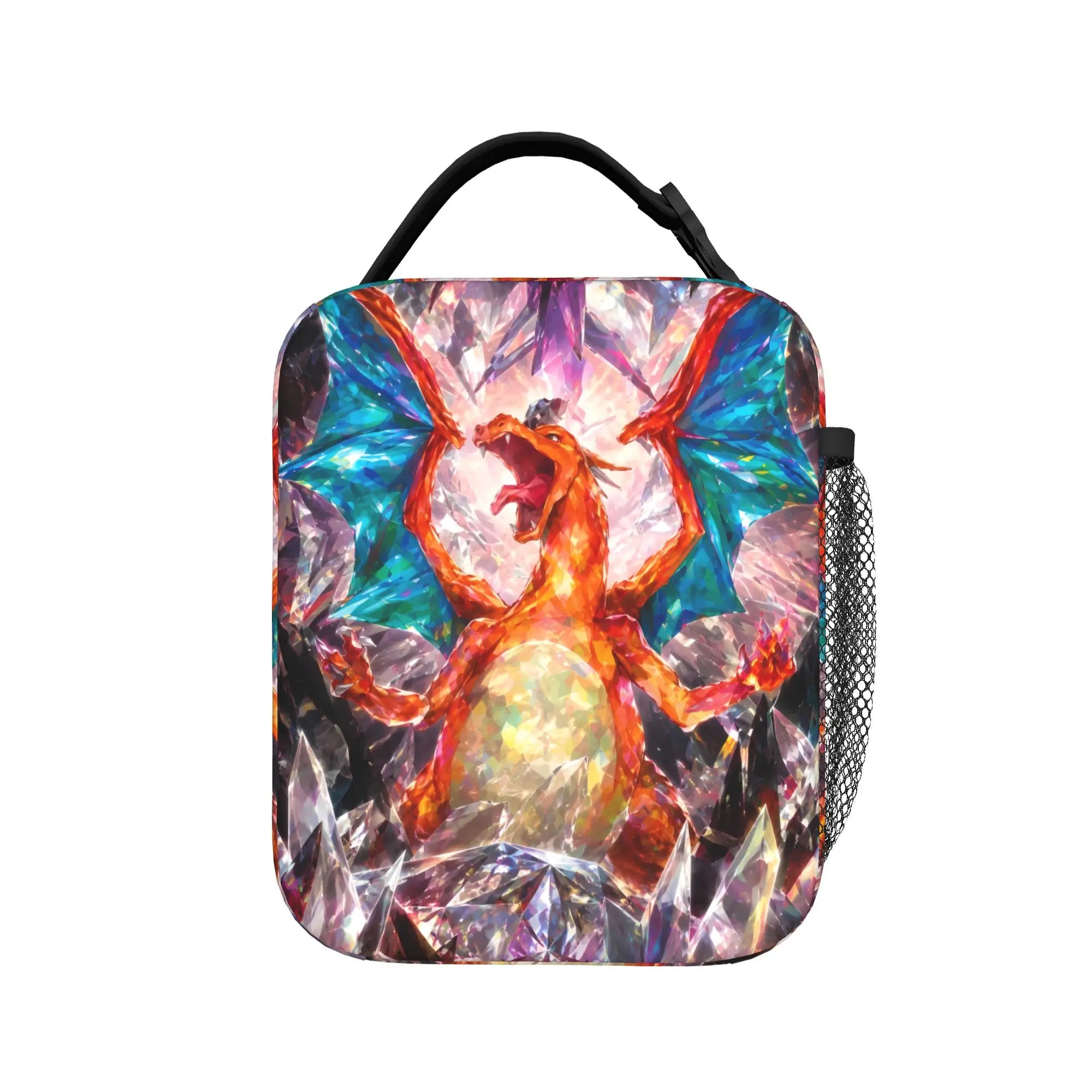 Pokemon Charizard Fire Burst Lunch Bag – Waterproof Insulated Tote A square lunch bag with a black top handle, featuring a colorful printed design of a fiery dragon emerging from sparkling crystals. The bag has a black mesh side pocket and is shown against a plain white background.